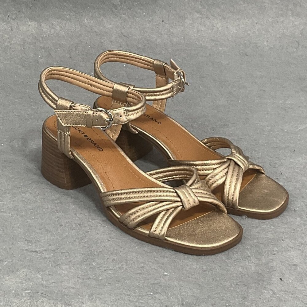 LUCKY BRAND Jolene Stardust Leather Knotted Bronze Heeled‎ Sandal Sz 7.5
